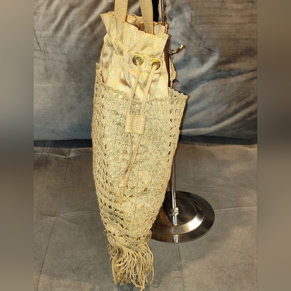 RARE FENDI S.A.S ZUCCA CROCHET GOLD  METALLIC DRAW-STRING FRINGE SHOULDER BAG - Picture 5 of 16